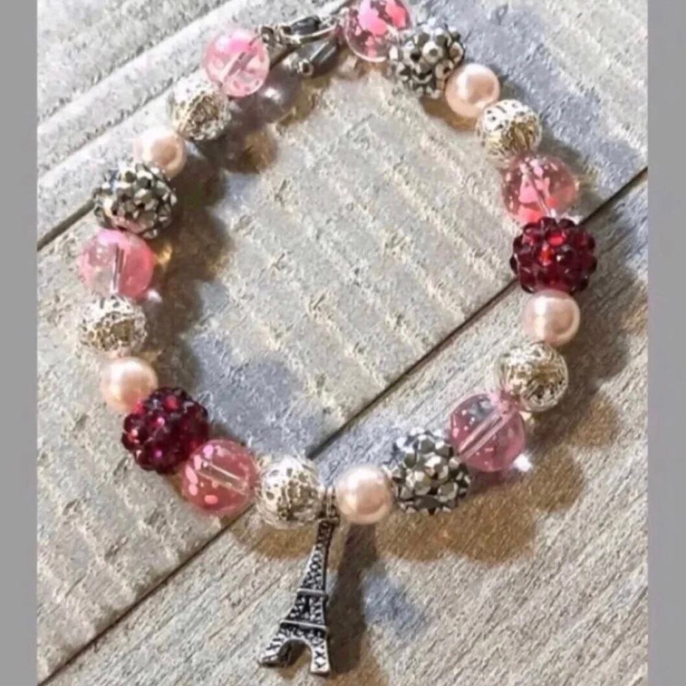Pink & Silver Bead Eiffel Tower Charm Bracelet